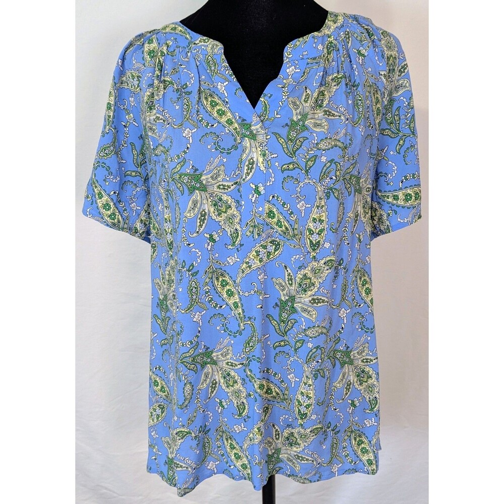 J. Jill Women's Blue Paisley Short Sleeve Boho Tunic Top Rayon Sz S